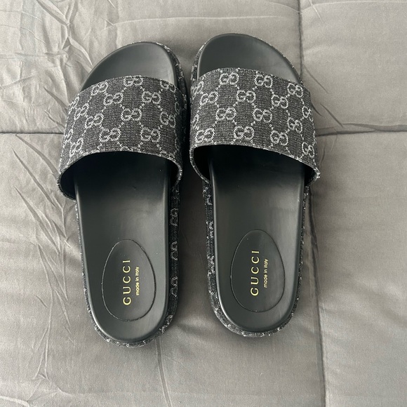 Clarice GG Canvas Platform Slides Black - Picture 1 of 4